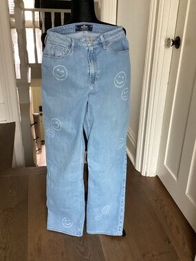 Hollister Light Blue Straight Leg Jeans with Smiley Accents